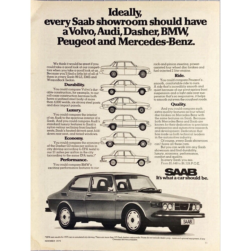 SAAB "It's What a Car Should Be" Vintage Print Ad 1975